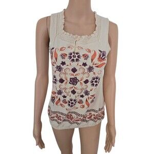 Northcrest women's small cotton boho sleeveless beige floral ruffle neck tank